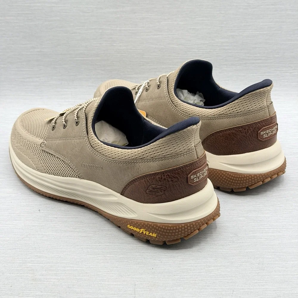 Skechers Slip Ins Men's 10.5 Wide Taupe Walking Shoes Relaxed Fit Goodyear Meroe